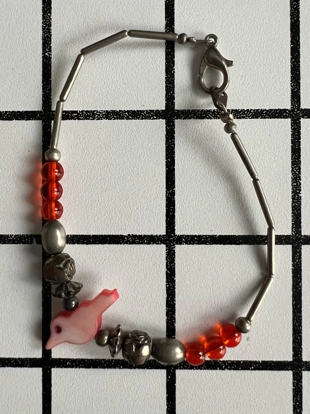 Vintage Southwestern Liquid Silver Pink Mother of Pearl Bird Fetish Bracelet